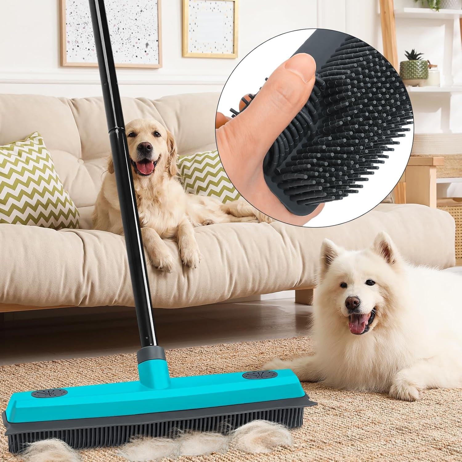 Pet Hair Removal Broom Carpet Rake Rubber Broom with Squeegee Rug Rake to Fluff Carpet