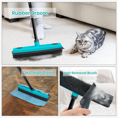 Pet Hair Removal Broom Carpet Rake Rubber Broom with Squeegee Rug Rake to Fluff Carpet