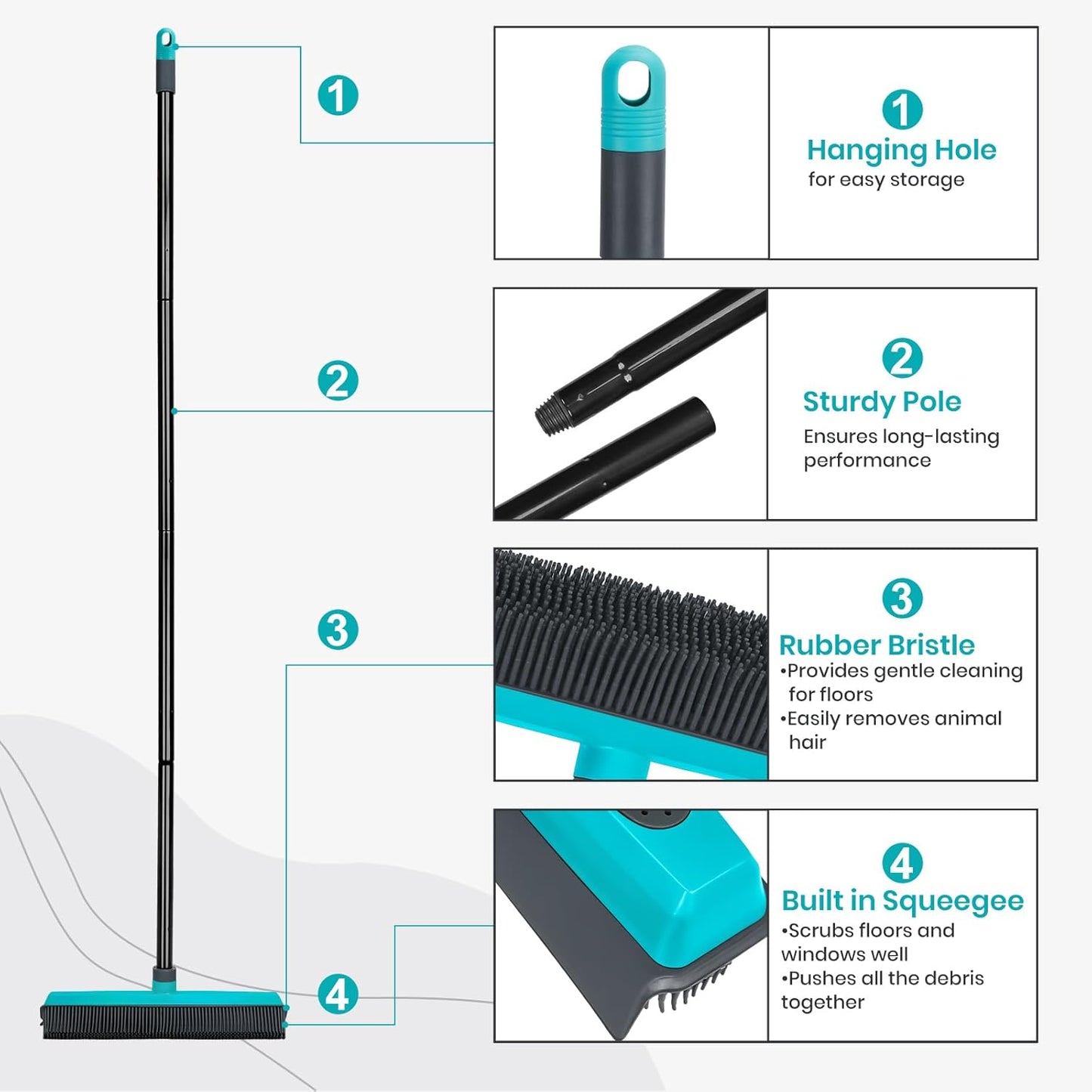 Pet Hair Removal Broom Carpet Rake Rubber Broom with Squeegee Rug Rake to Fluff Carpet