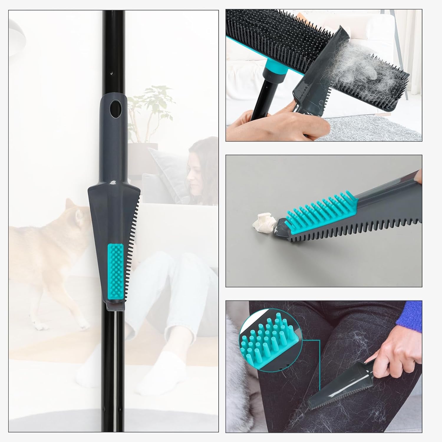 Pet Hair Removal Broom Carpet Rake Rubber Broom with Squeegee Rug Rake to Fluff Carpet