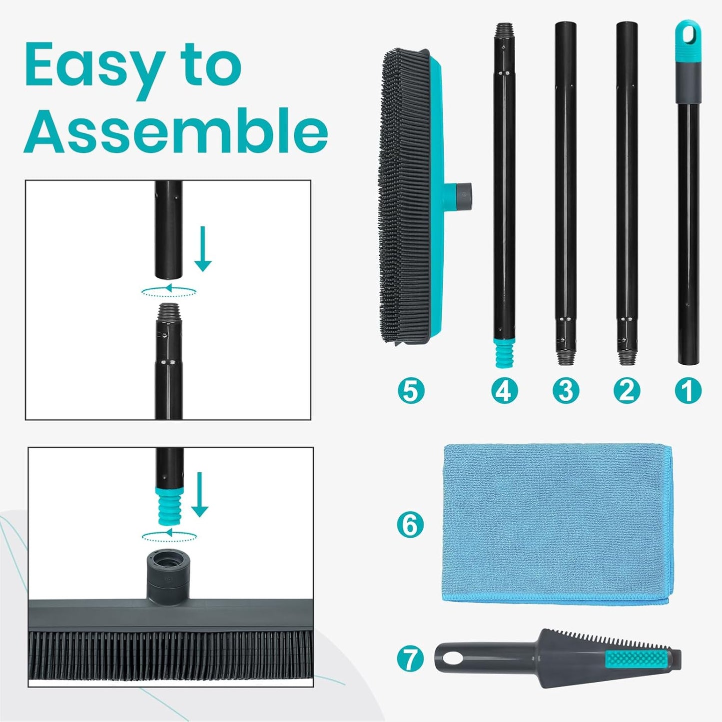 Pet Hair Removal Broom Carpet Rake Rubber Broom with Squeegee Rug Rake to Fluff Carpet