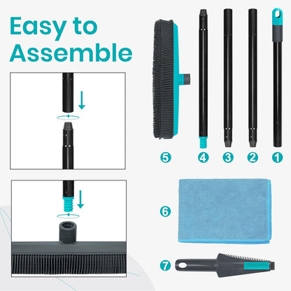 Pet Hair Removal Broom Carpet Rake Rubber Broom with Squeegee Rug Rake to Fluff Carpet