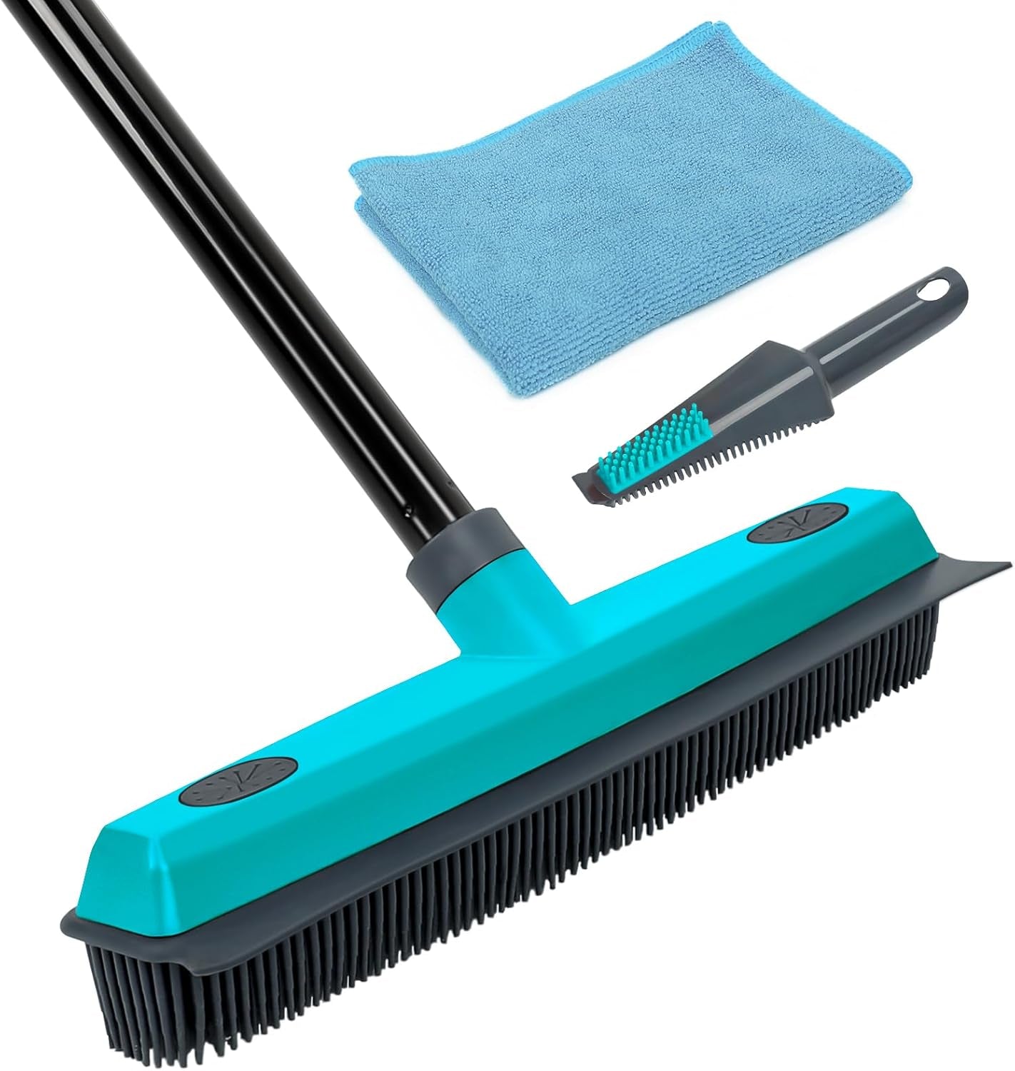 Pet Hair Removal Broom Carpet Rake Rubber Broom with Squeegee Rug Rake to Fluff Carpet